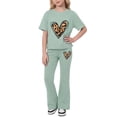 thumbnail image 4 of KVPLBQFD Girls Summer 2 Piece Outfit Heart Embellished Short Sleeve Top + Stretchy Flared Pants Set for Teens Girl Fashion Vacation Travel Clothes, 4 of 7