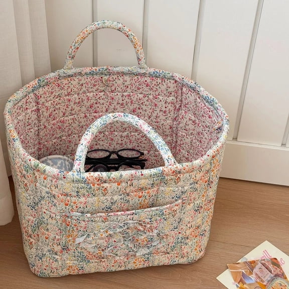 Airfriend Vintage Floral Organizers Basket With Handle Portable Home Room Quilted Foldable Storage Basket For Snack Clothes Toys