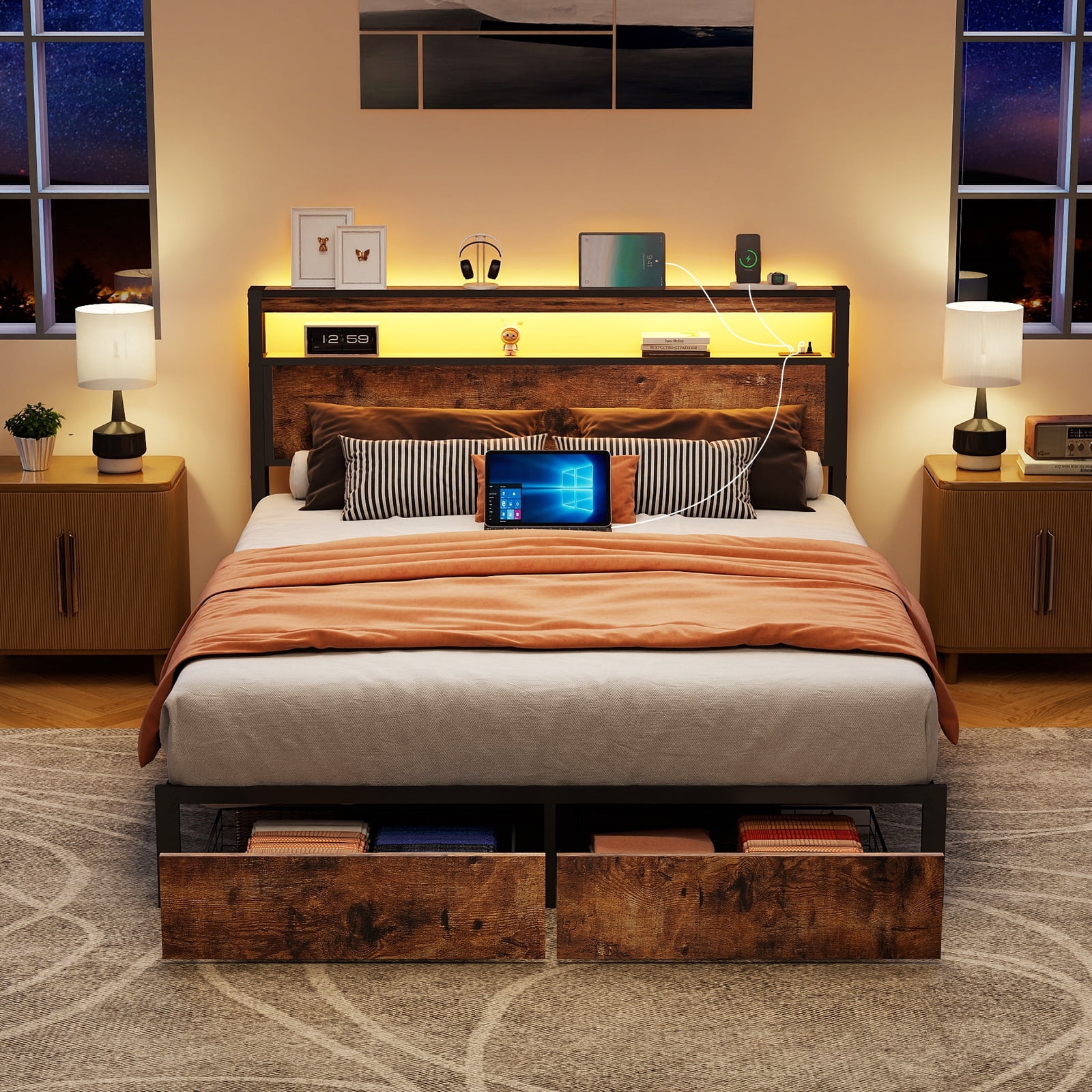 DRNANLIT Full Bed Frame with 2-Tier Storage Headboard, Metal Bed Frame with 2 Drawers & Built-in Charging Station & LED, Noise-Free, No Box Spring Needed, Easy Assembly,Brown