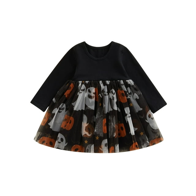 Fortune Robe en Tulle d'Halloween pour Fillettes 0-4 Ans, Imprimé Citrouille Fantôme, Robe Tutu Patchwork