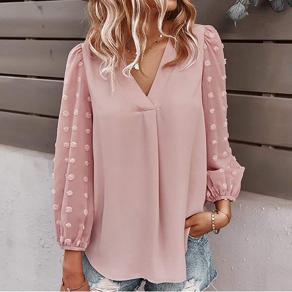 Kayannuo Fall Tops for Women Long Sleeve V-Neck Plain Womens Blouses and Tops Fashion versatile Miss Fashion Causal Summer Solid Color Chiffon Tops
