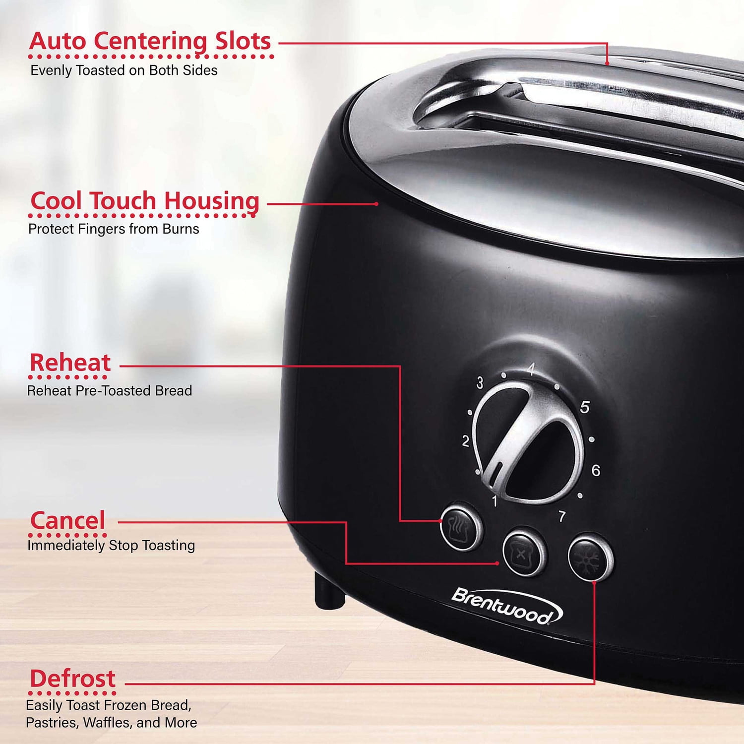 Brentwood 2-Slice Retro Toaster, Black, Extra Wide Slots