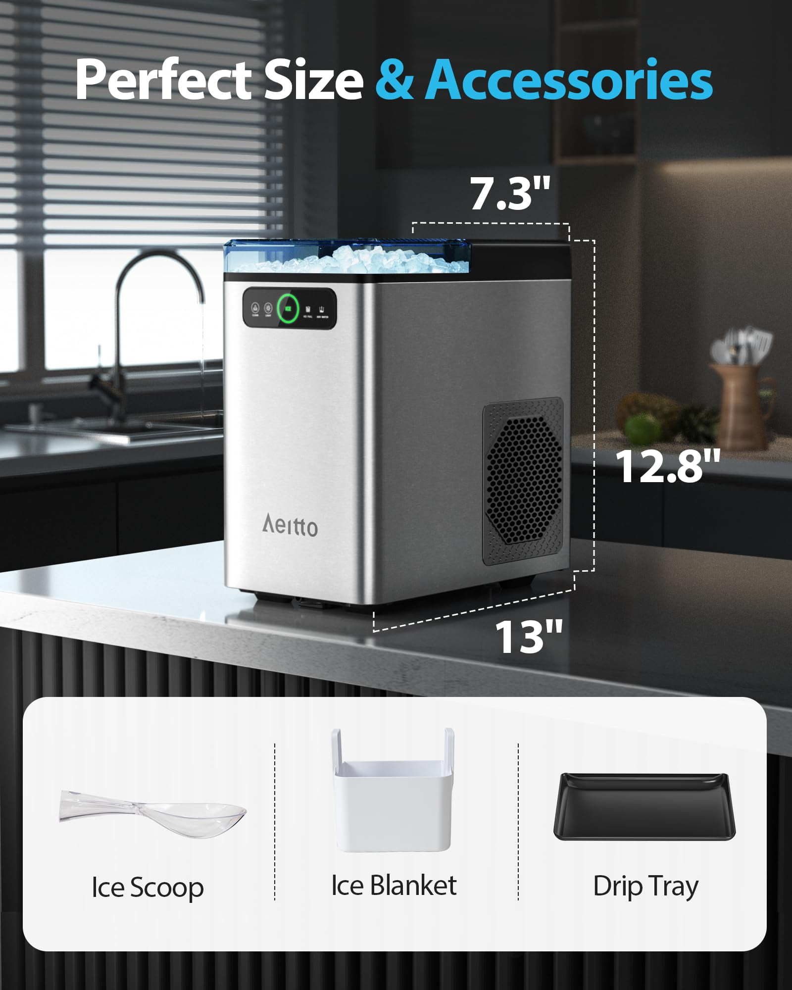 Aeitto Nugget Ice Maker Countertop,Pellet Ice Maker Machine Soft Chewable Ice 40lbs/Day, One-Click Operation,with Scoop for Home/Kitchen/Office,Silver