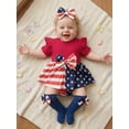thumbnail image 5 of BemeyourBBs Baby Girls 4th of July Outfit Infant Baby Girl Patriot Independence Day Romper Dress Summer Clothes Flying Sleeve Star Stripe Print Bodysuit Playsuit with Socks Headband 3Pcs Set, 5 of 9