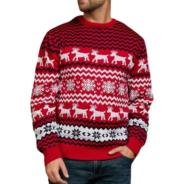 Suéter Navideño Informal para Parejas, Jersey de Punto con Cuello Redondo y Mangas Raglán, Blusas Cómodas y Cálidas para Otoño. Rojo (Hombres) L