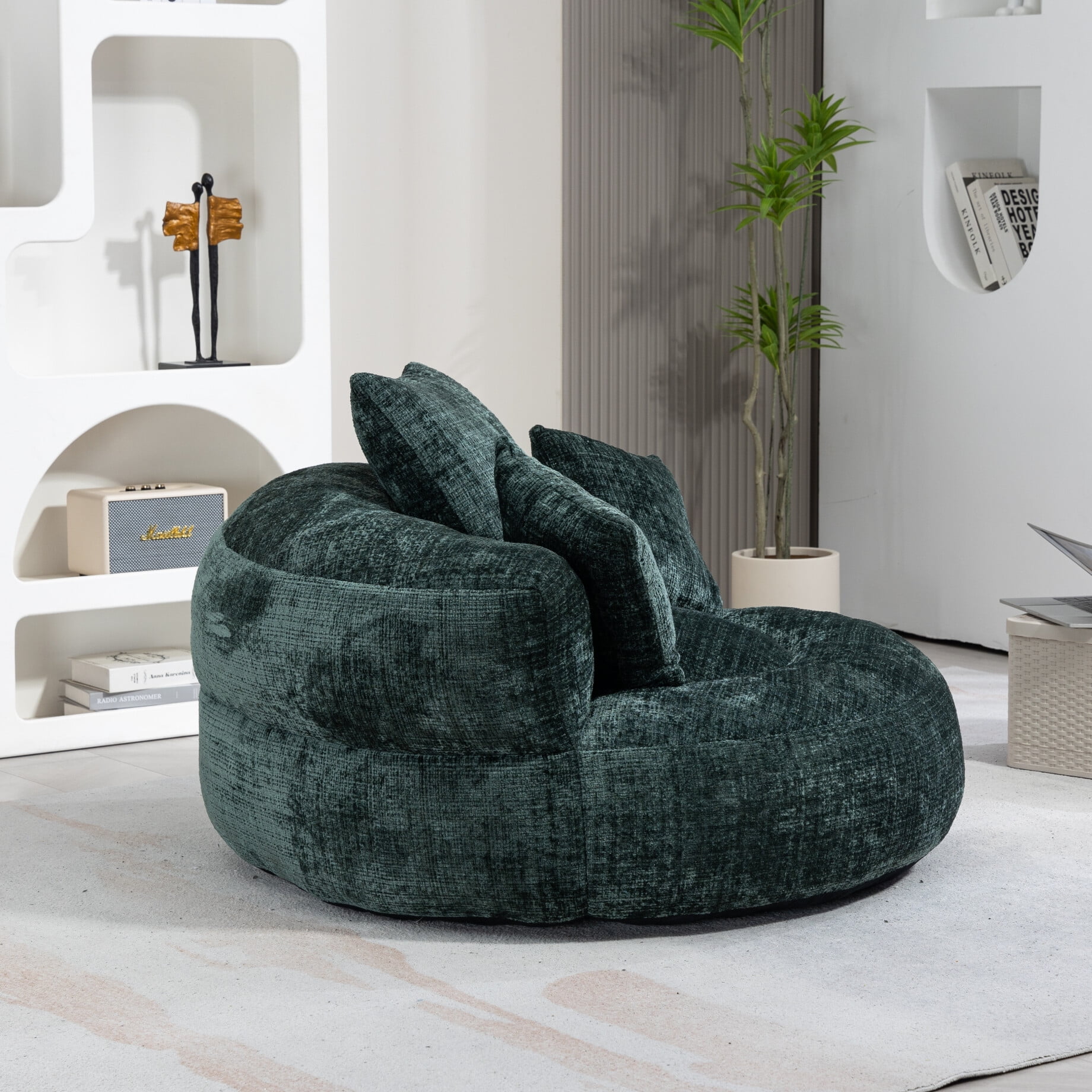 Oversized Chenille Bean Bag Chair for Adults & Kids, Indoor & Outdoor Lazy Bean Bag Sofa with Wrap-Around Backrest & Pillows for Bedroom, Living Room, Playroom, 42.52''x42.52''x20.47'', Emerald