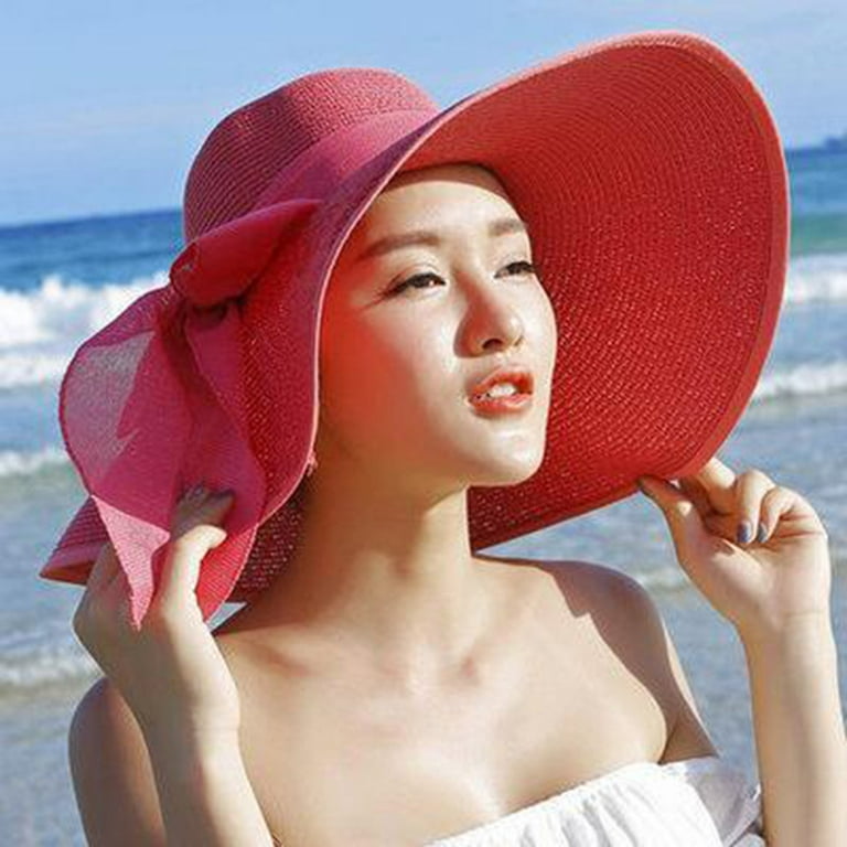 Spftem Mnycxen Straw Hat for Women Beach Hats Summer Sun Panama Wide Brim  Floppy Fedora Cap UPF50+