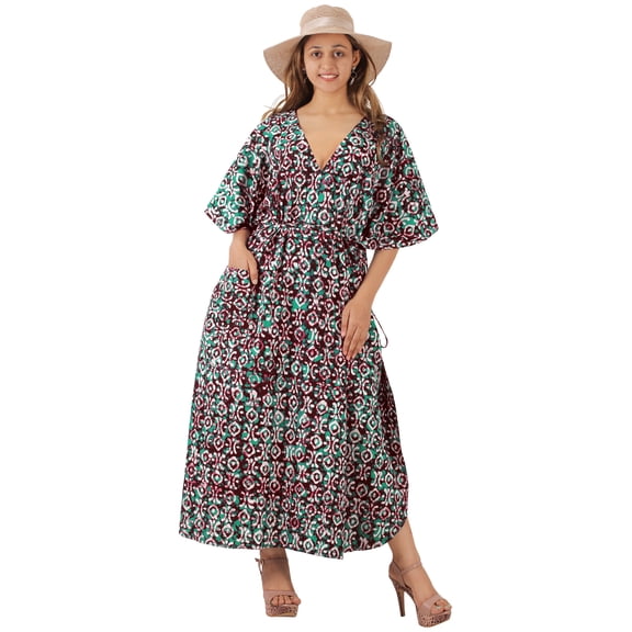 LA LEELA Women's Summer Batik Caftan Long Loungewear Dashiki House Dress with Pockets Sleepwear for Women Nightgown 1X-2X Forest, Floral