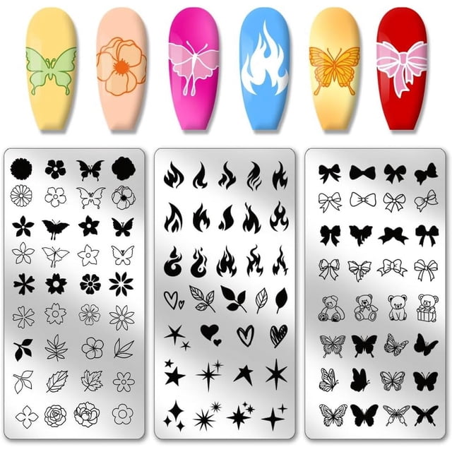 Kit de 3 placas para estampar uñas con diseño de flores, estrellas y mariposas. Incluye plantilla reutilizable para decoración de uñas.