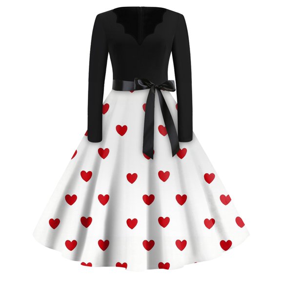Fgvctg Valentine'S Day Womens Dresses Date-Night Vintage Cocktail 50'S Dress Love Heart Graphic V Neck Dresses Lightweight Elegant Long Sleeve Clothing Trendy Outfit White S