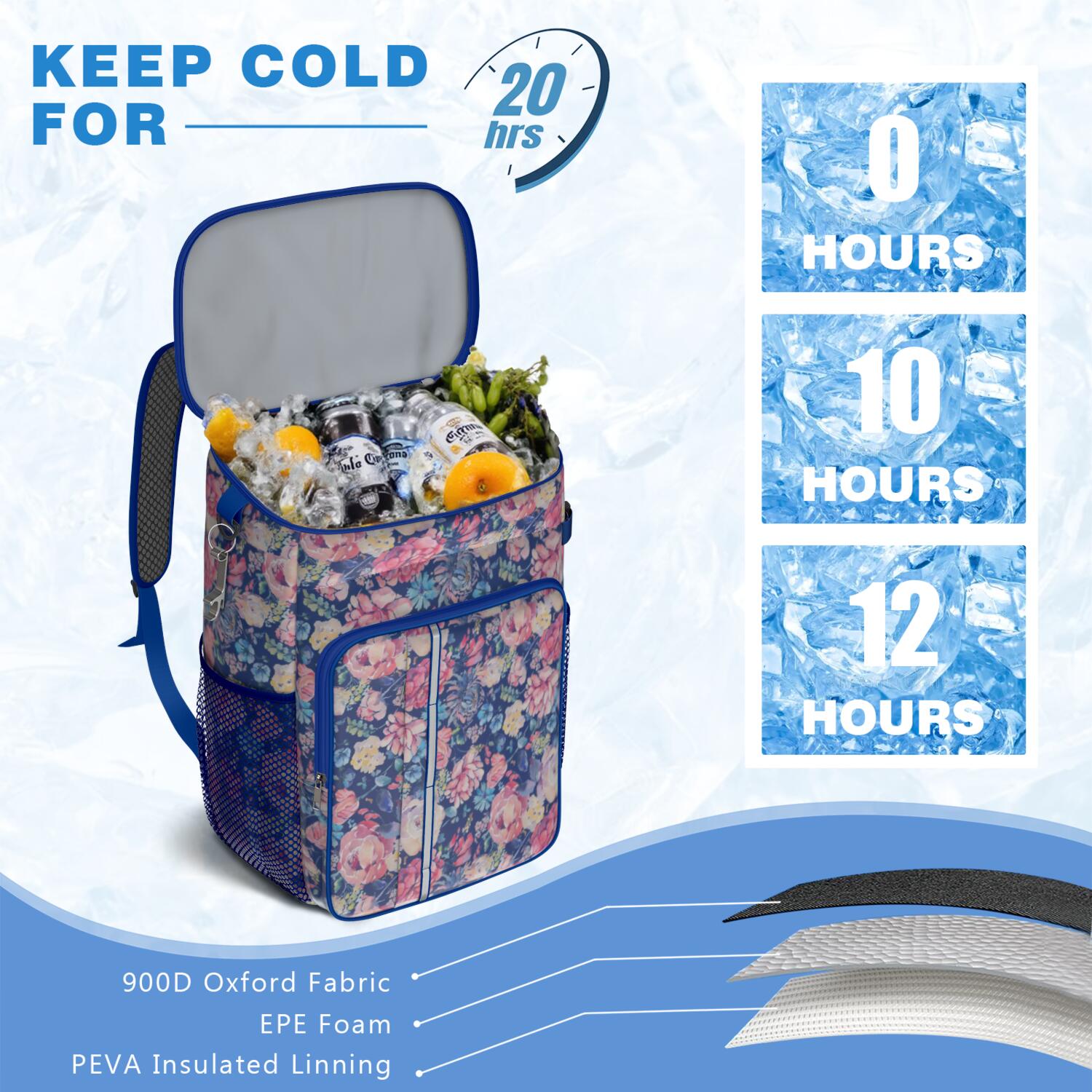 Travel Cooler Bag - Pioneer Flower Camping Beer Cooler Backpack with Bottle Opener- Waterproof Insulated Picnic Backpacks - Cooler Bag for Beach