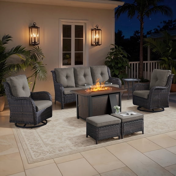 Jentlehouse 7-Piece Patio Furniture Set with 43'' Fire Pit Table,All-Weather Wicker Outdoor Sofa Set Patio Conversation Set for Balcony Deck Porch