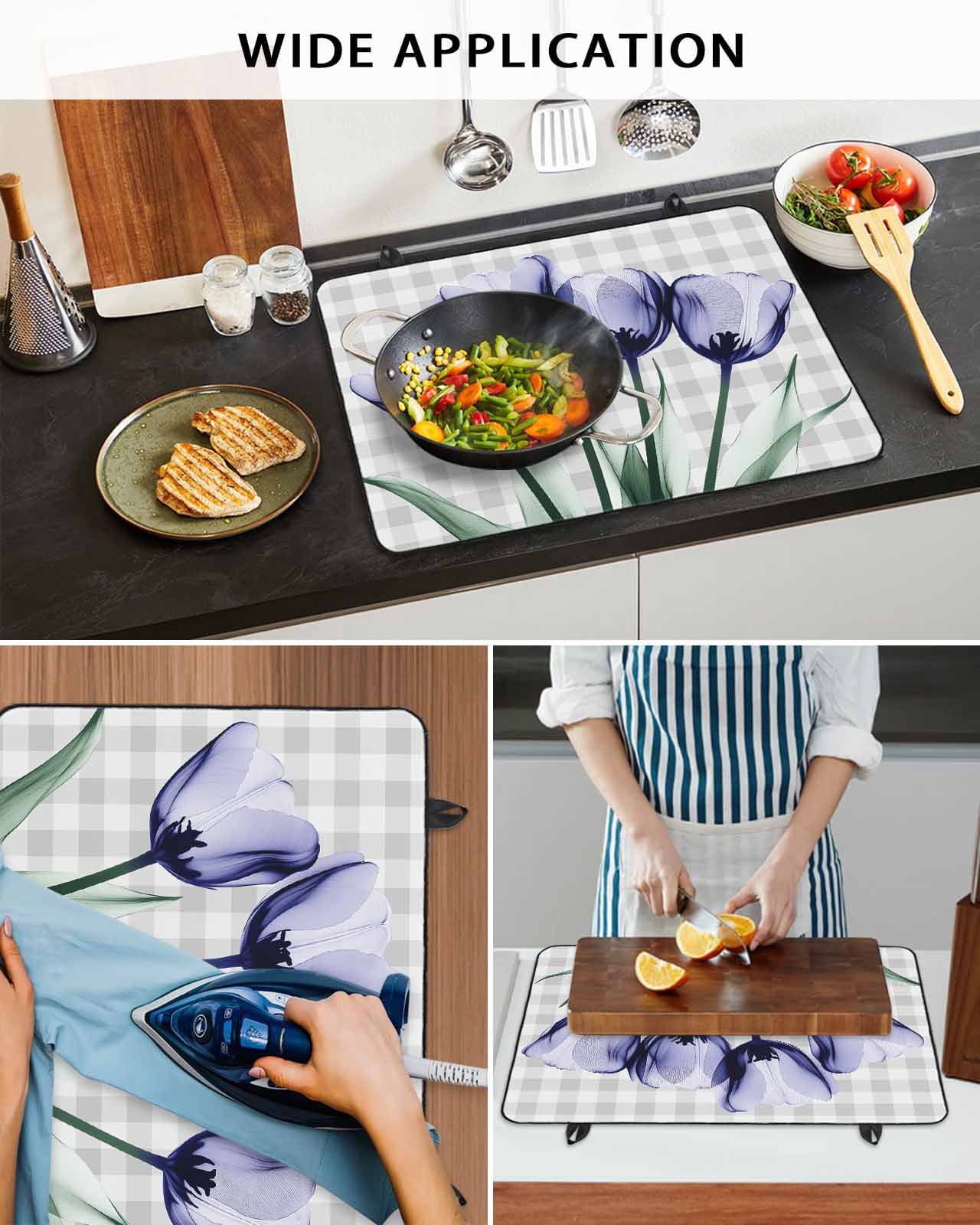 nqOlkjepod Large Induction Cooktop Protector Mat 24"x21", Light Purple Tulip Stove Top Covers for Electric Stove, Farmhouse Flowers Grey Checkered Stove Burner Cover Mats, Glass Top Stove Cover