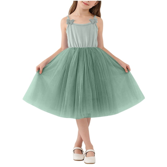 Vestido de Verano Casual Color Sólido de las Niñas Cuello Redondo sin Mangas de Malla para Vestido de Verano Largo Casual Al Aire Libre