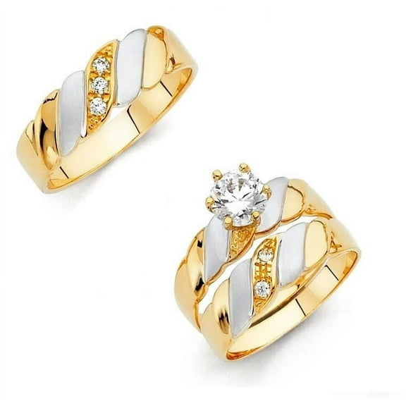 14k Two Tone Gold Rope Design 1 ct CZ Matching Bridal Ring Trio Set His & Hers