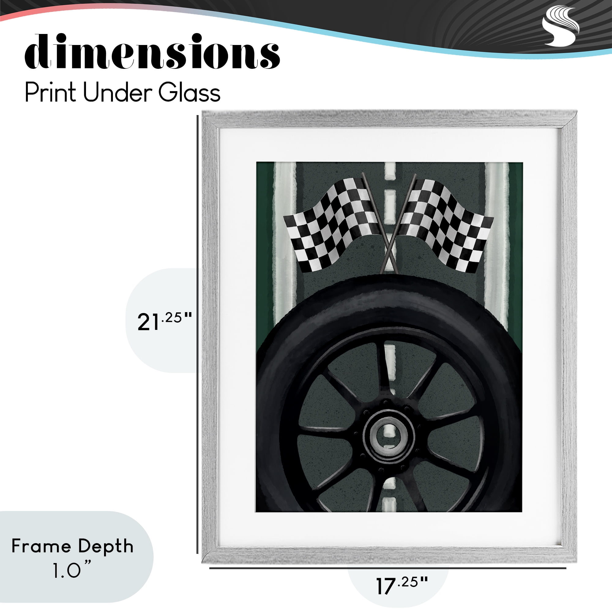 Stupell Industries Racetrack Flags & Tire Gray Framed Print Under Glass, design by Jennifer Stith