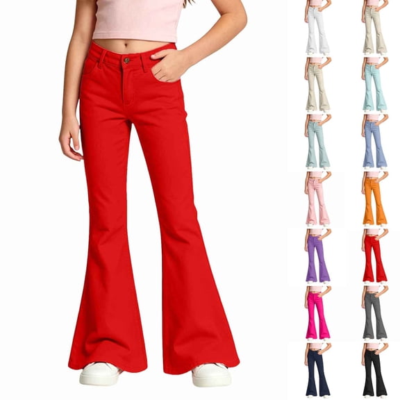 MuXiKeJi Clothes Girls School Uniform Pants Kids High Stretchy Flare Dress Pants Elastic Waist Bell Bottom Trousers 13-14 Years