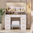 thumbnail image 3 of Vanity Desk with Mirror and Lights, Makeup Table with Glass Top & 8 Drawers, 3-Color LED Mirror, Power Outlets & USB, Hair Dryer Holder, Stool Included, Dressing Table Set for Bedroom, 3 of 7