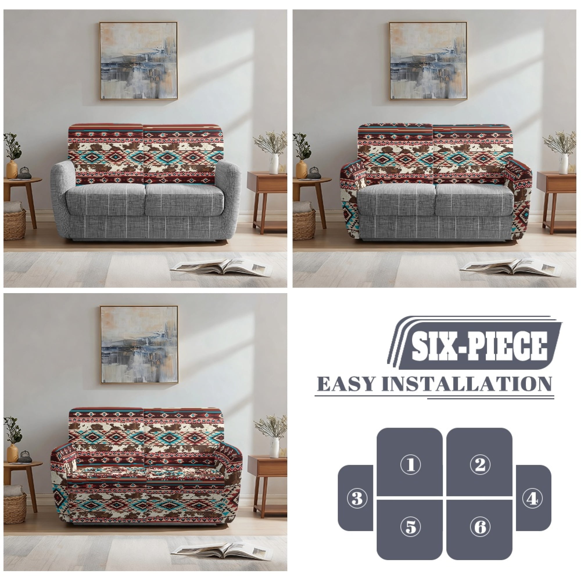 TSOVTHRID Aztec Tribal Cow Pattern Reclining Loveseat Slipcovers, 6-Piece Soft Stretch Sofa Cover, 2 Seat Washable Loveseat Recliner Covers for Dogs Cats