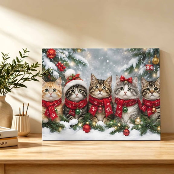 Christmas Winter Canvas Wall Art, Rustic Cat Red Scarf Christmas Tree Pine Cone Wall Art Prints Artwork Framed Canvas Ready to Hang Art Pictures for Dining Room Bedroom Study Lounge Nook 18" x 12"