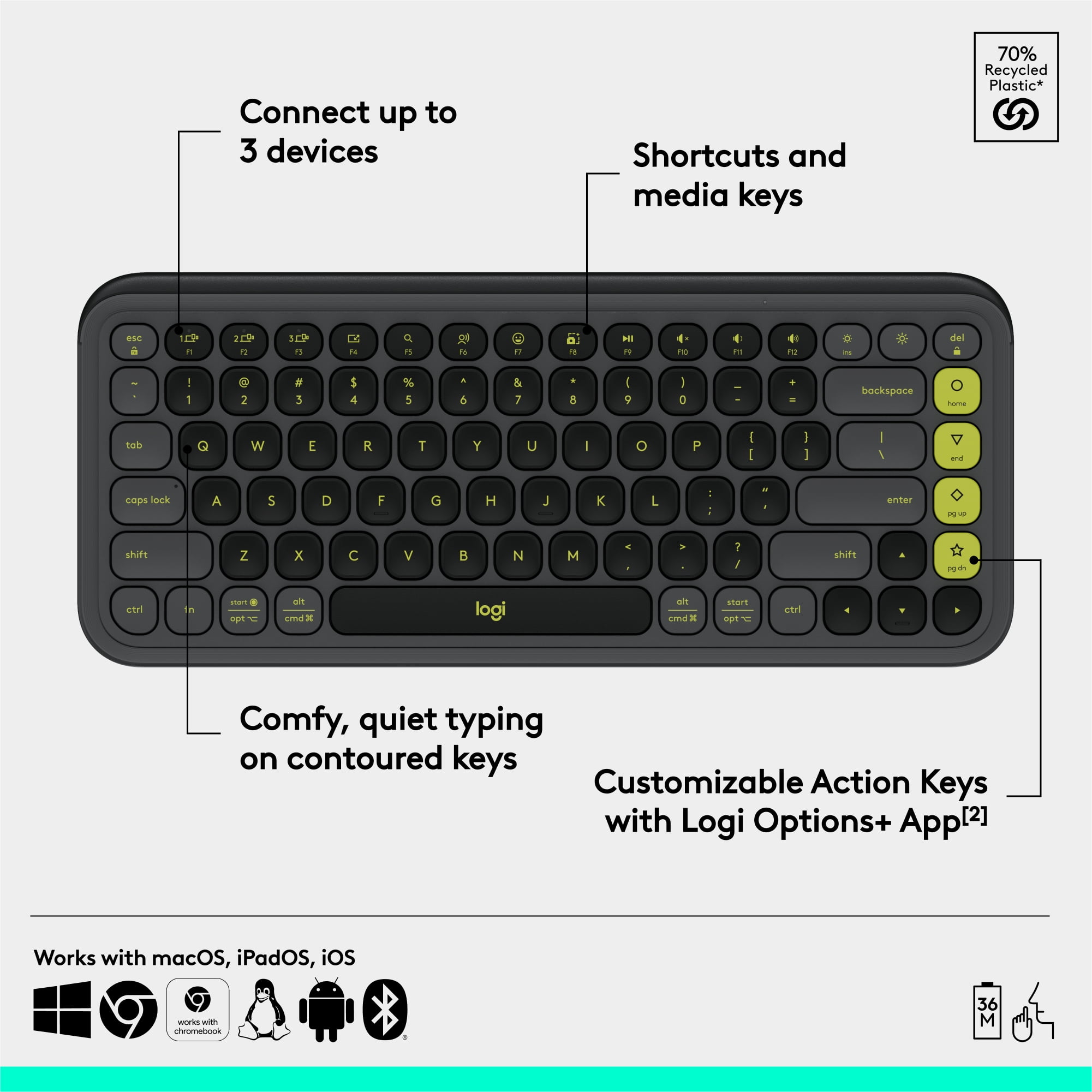 Logitech POP ICON KEYS Wireless Bluetooth Keyboard, Comfortable Typing, Programmable Keys, Easy-Switch Between up to 3 Devices (Graphite & Green) - Wireless Connectivity - Bluetooth - 32.81 ft