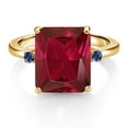 thumbnail image 2 of Gem Stone King 18K Yellow Gold Plated Silver 12X10MM Red Created Ruby and 2MM Blue Created Sapphire 3 Stone Engagement Ring for Women | 5.79 Cttw | Gemstone July Birthstone | Size 9, 2 of 3
