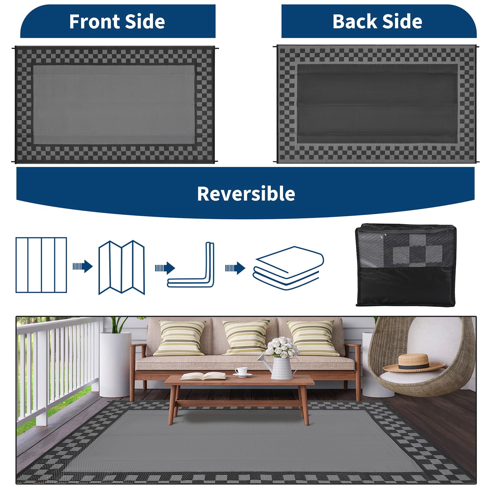 Outdoor Rug, Waterproof Reversible Patio Rug, Extra Large Plastic Straw Area Rug for Camping, RV, Backyard