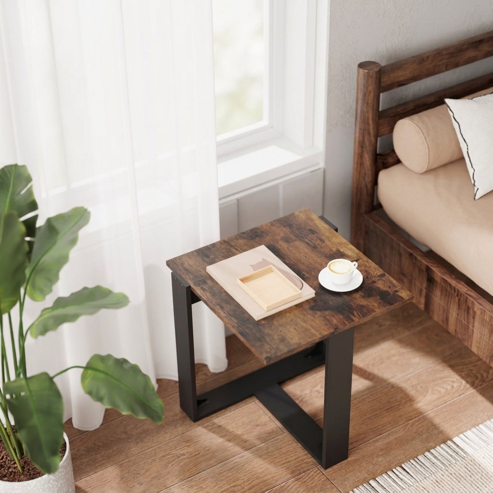 Furnibear Industrial Sofa End Table Set of 2 with Sturdy Metal Frame and T Shaped Base for Living Room Bedroom and Study, Rustic Brown