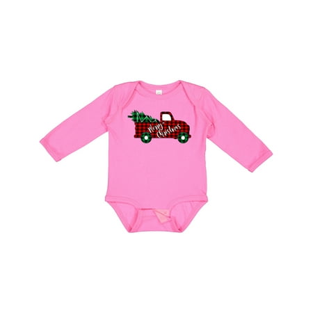 

Inktastic Merry Christmas Red Buffalo Plaid Truck with Tree Gift Baby Boy or Baby Girl Long Sleeve Bodysuit