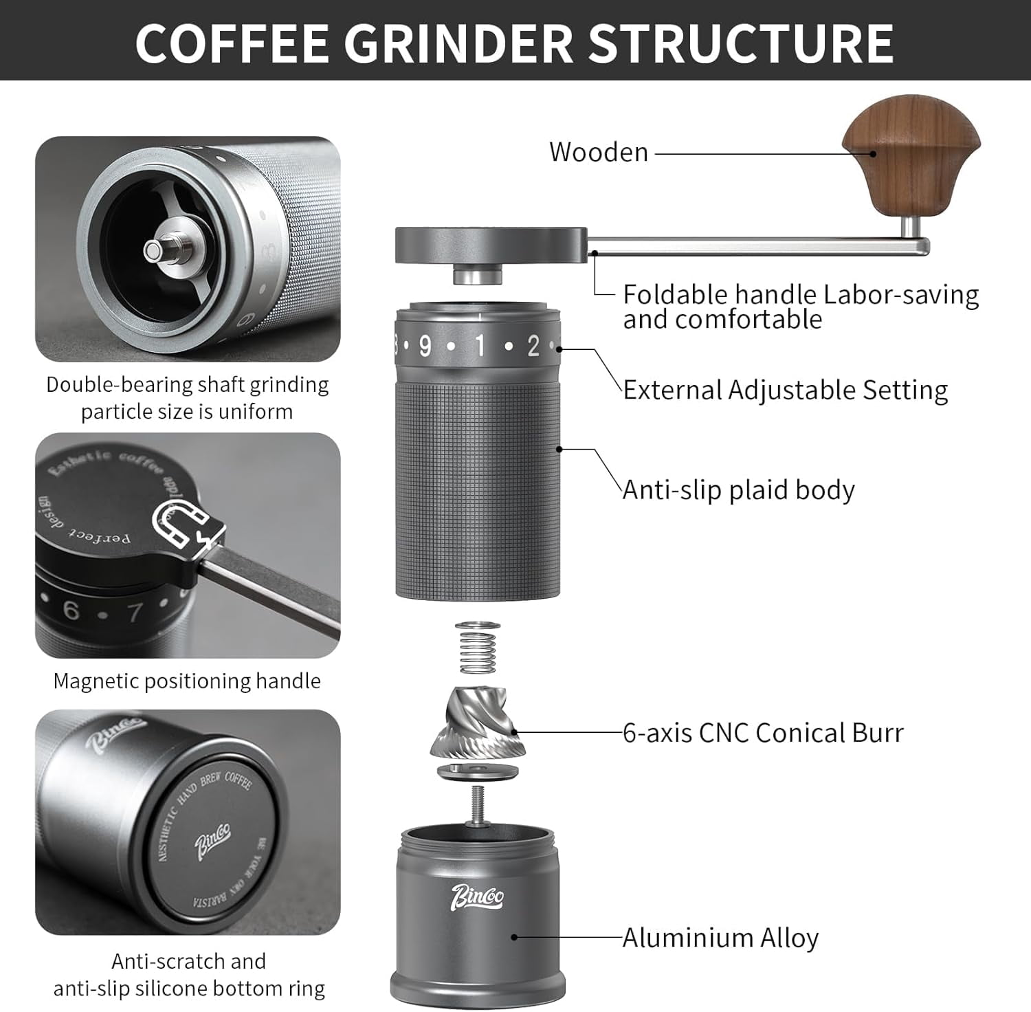 Manual Coffee Grinder with CNC Steel Burr and 9 Precision Settings for Espresso to French Press