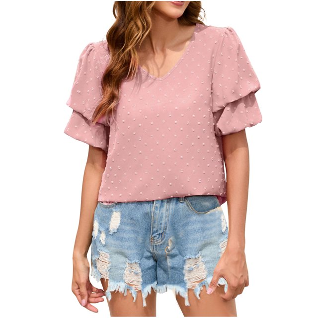 FAIWAD Women's V Neck Ruffle Tops Summer Flowy Short Sleeves Blouse Loose Casual Dressy Work Tops