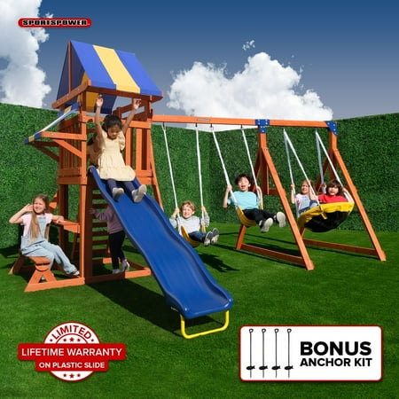 Sportspower Willow Creek Wooden Swing Set with Saucer Swing, Play Fort, Bench with Table, Sandbox, Slide with Lifetime Warranty, and Bonus Anchor Kit