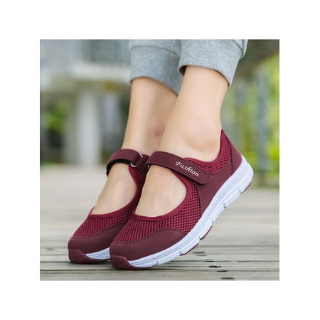 

Rotosw Womens Shoes Casual Walking Sneakers Mesh Flat Mary Jane Sandals for Elderly Women Red US 5