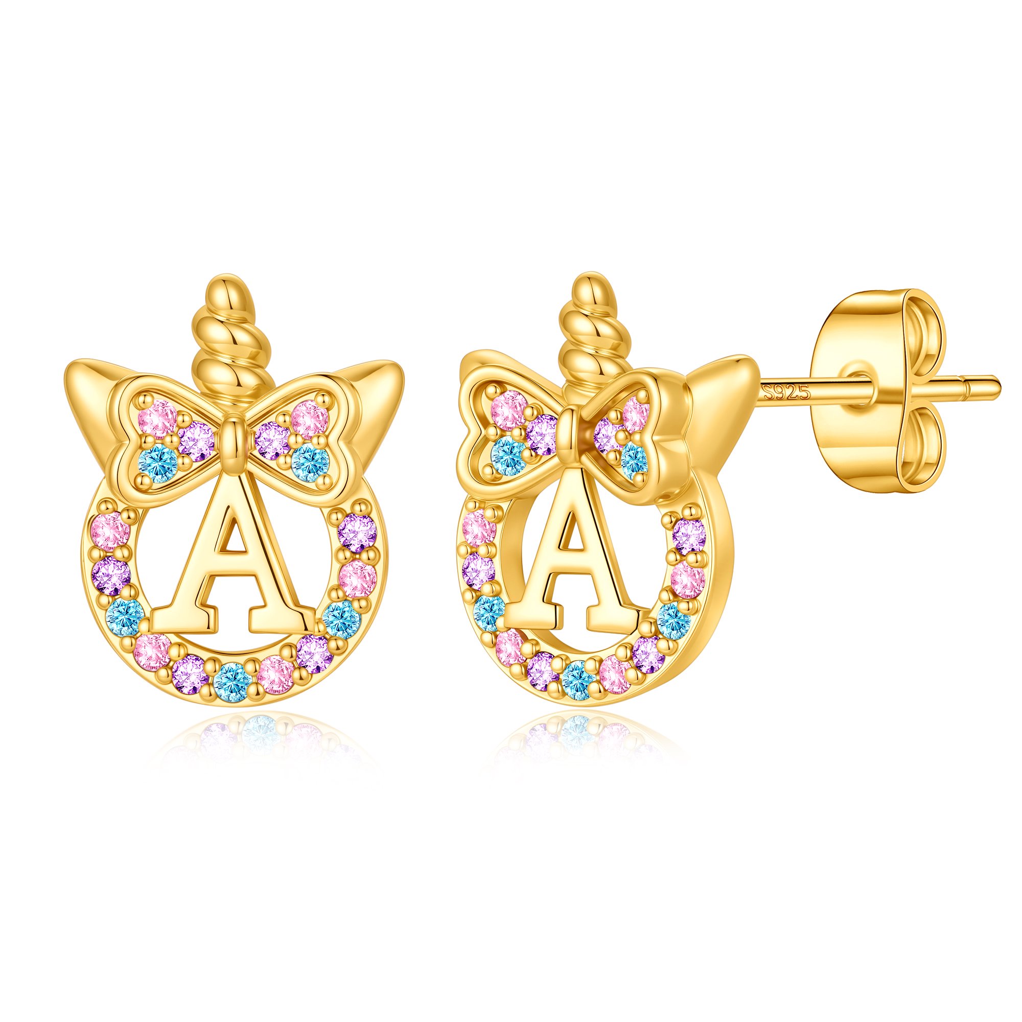 Turandoss 14K Gold Plated Colorful Cz Initial Unicorn Stud Earrings for Teens Girls Daughter Jewelry Birthday Teacher Appreciation Mothers Day Graduation Gifts for Her Mom Kids Teen Girls Wife Ideas