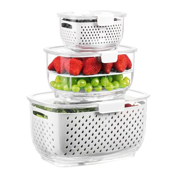 USIONE 3-Piece Fresh Produce Storage Containers - Partitioned Fridge Organizers for Fruits & Vegetables, White