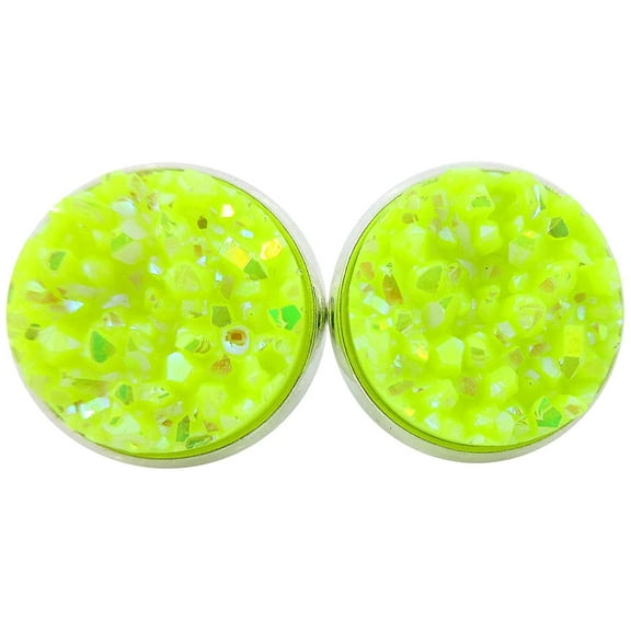 Stainless Steel Neon Yellow AB Faux Druzy Stone Stud Earrings 12mm