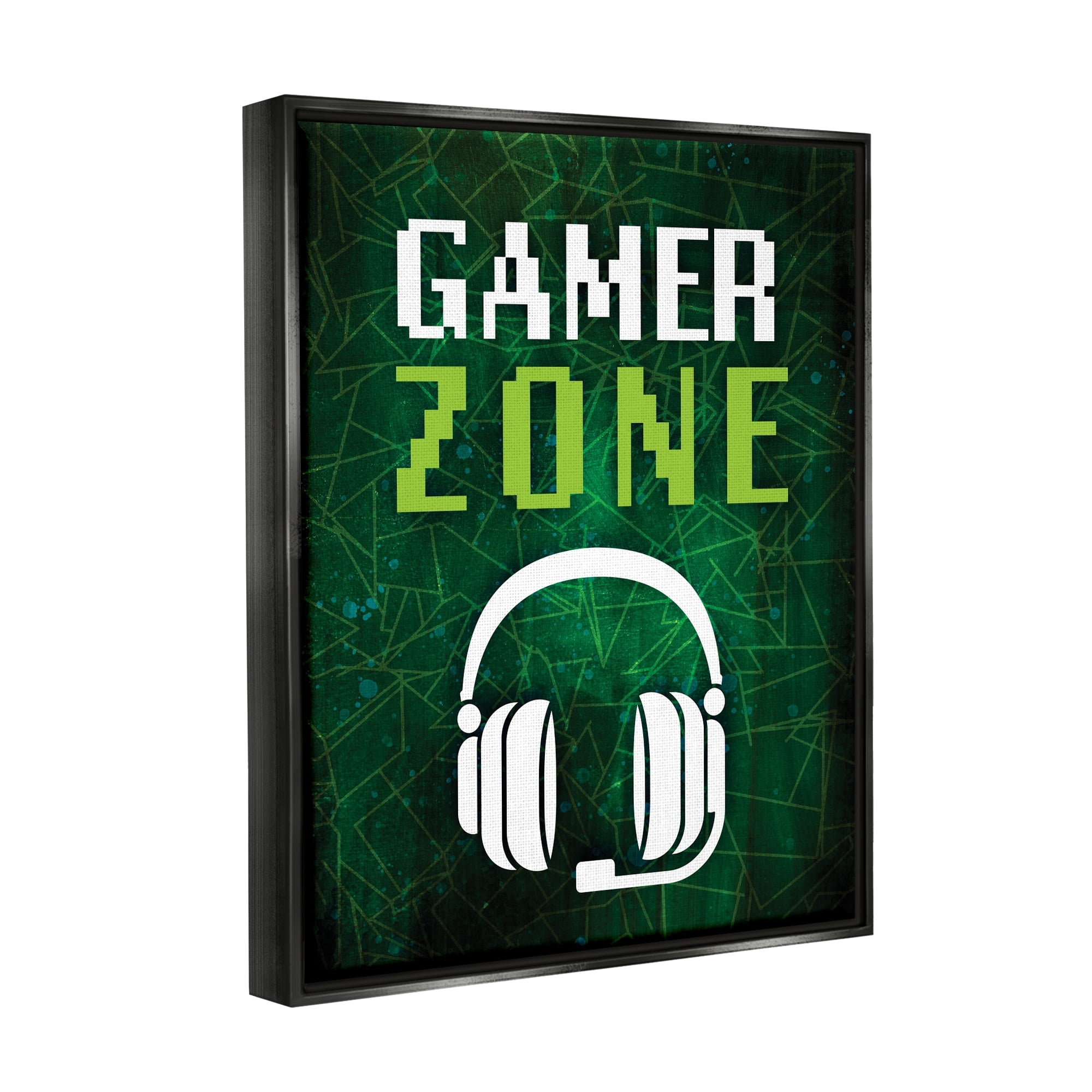 Stupell Industries Gamer Zone Headset Geometric Pattern Pixel Text Graphic Art Jet Black Floating Framed Canvas Print Wall Art, Design by Victoria Barnes