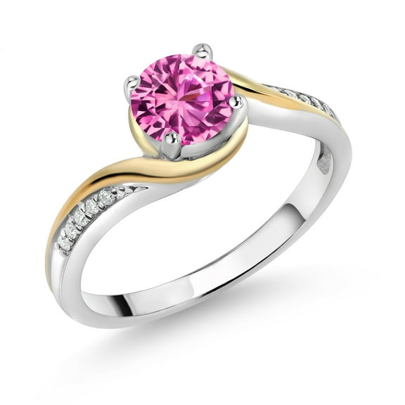 Gem Stone King 1.05 Cttw Round Pink Created Sapphire and White Moissanite Women Ring | 925 Sterling Silver and 10K Yellow Gold | Wedding Engagement Anniversary Promise Ring for Women | Size 5