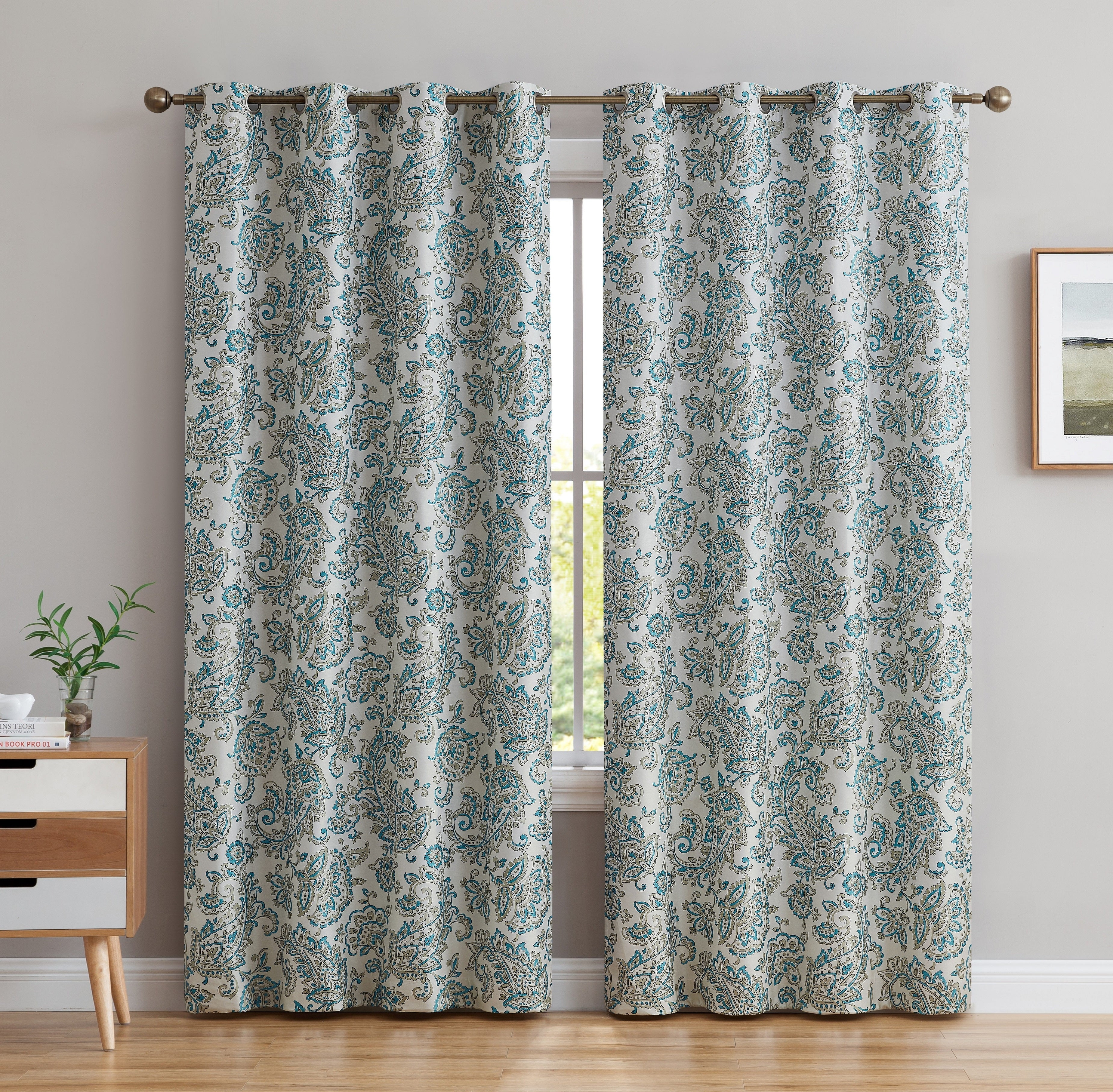 THD Paisley Faux Silk 100% Blackout Thermal Lined Energy Efficient Curtain Grommet Panels - Pair