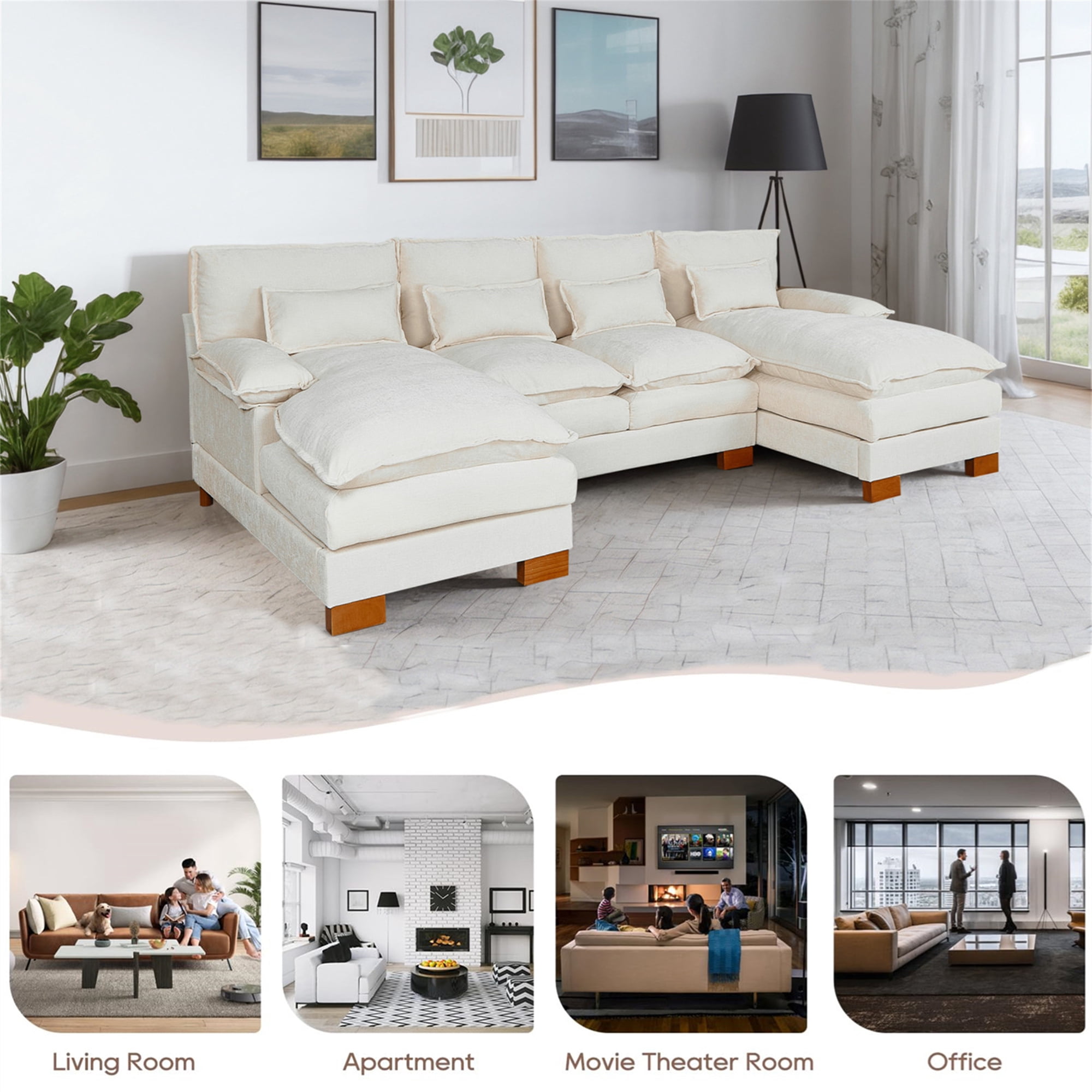 Aukfa 113" Sectional Sofa Couch with 4 Lumbar Pillows&Dual Layer Cushions, Chenille, Beige