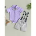 thumbnail image 2 of Bagilaanoe 2Pcs Newborn Baby Boys Overalls Shorts Set Short Sleeve Romper Shirt with Bow Tie + Suspender Short Pants 6M 12M 18M Infant Gentleman Formal Outfits, 2 of 9