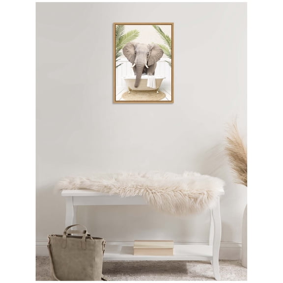 Kate and Laurel Elephant Front Palm Bathtub Framed Canvas Wall Art by Amy Peterson 18 x 24 Sylvie Natural, Whimsical, Animals, Humor, Bathroom Art for Wall Decor, Living Room, Bedroom