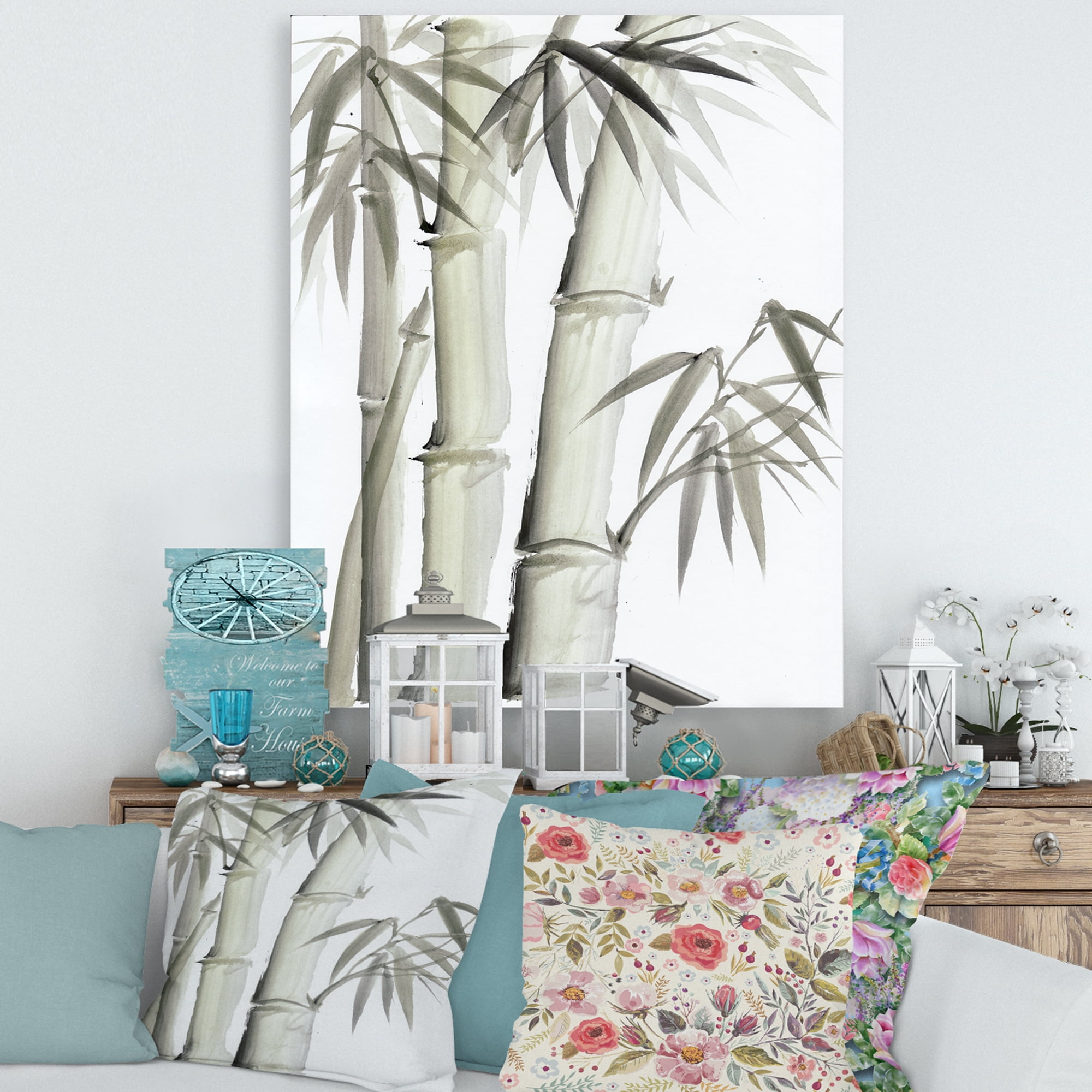 Designart ' Vintage Black and White Bamboo V ' Lake House Canvas Wall Art Print