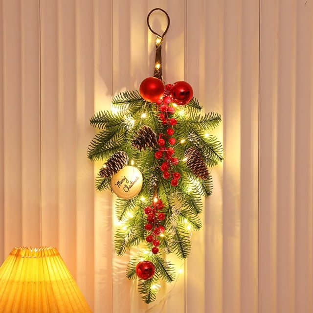 Xihbxyly Guirnalda Navideña con Forma de Lágrima, Diseño de Frutos Rojos y Bolas Navideñas, Material de Pvc Duradero, Decoración para Interiores y Exteriores, Decoración para Fiestas Navideñas, Tamañ