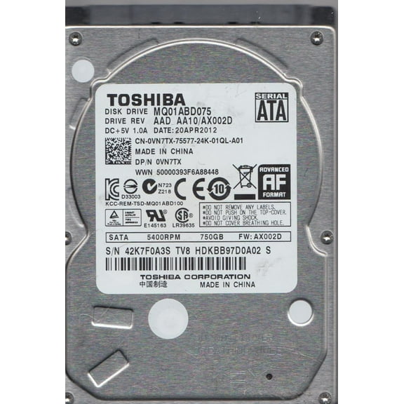 MQ01ABD075, AA10/AX002D, HDKBB97D0A02 S, Toshiba 750GB SATA 2.5 Hard Drive