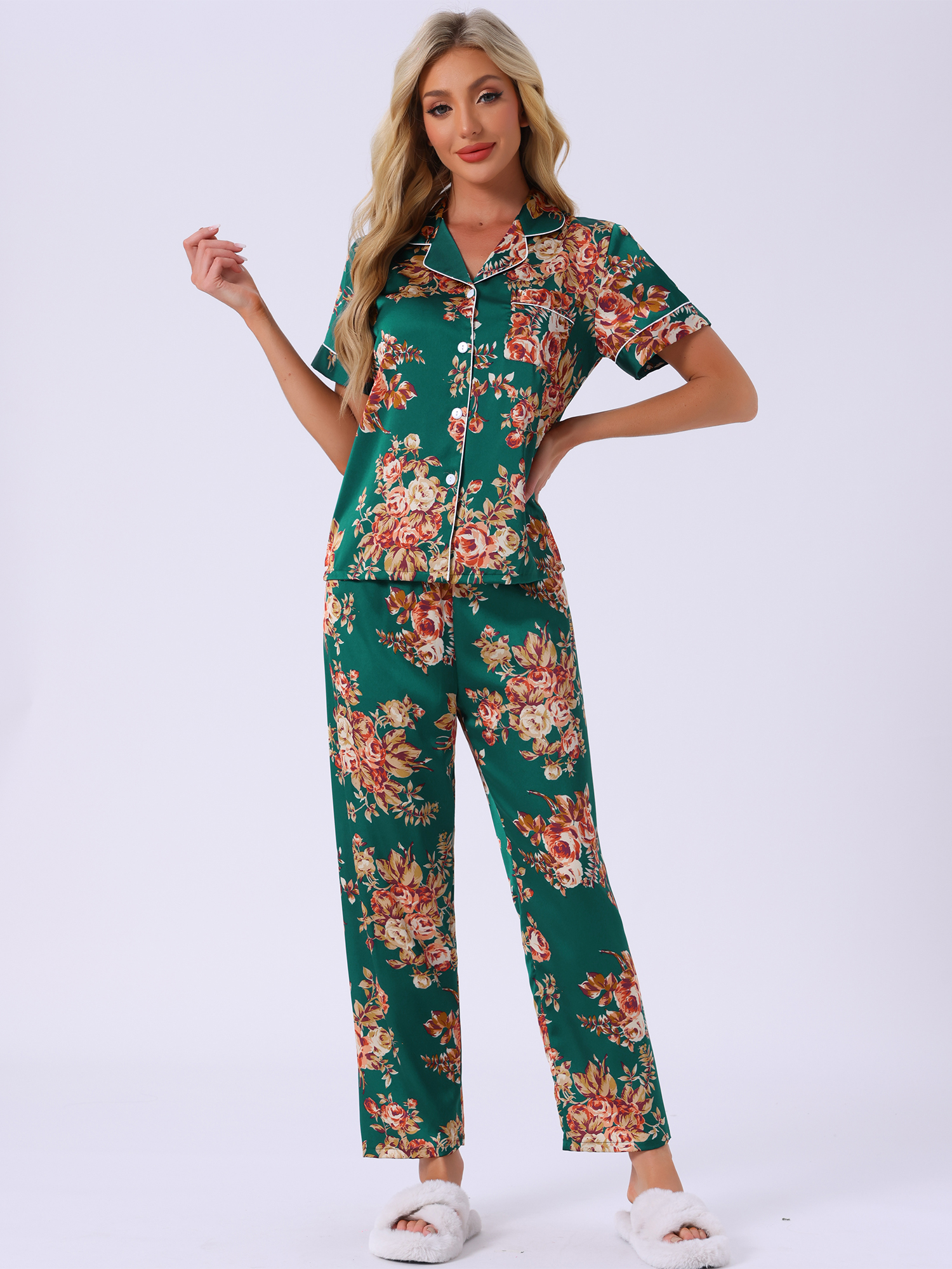 DARING DIVA Women's Silk Short Sleeves Floral Satin Pajama Sets XL Green Orange