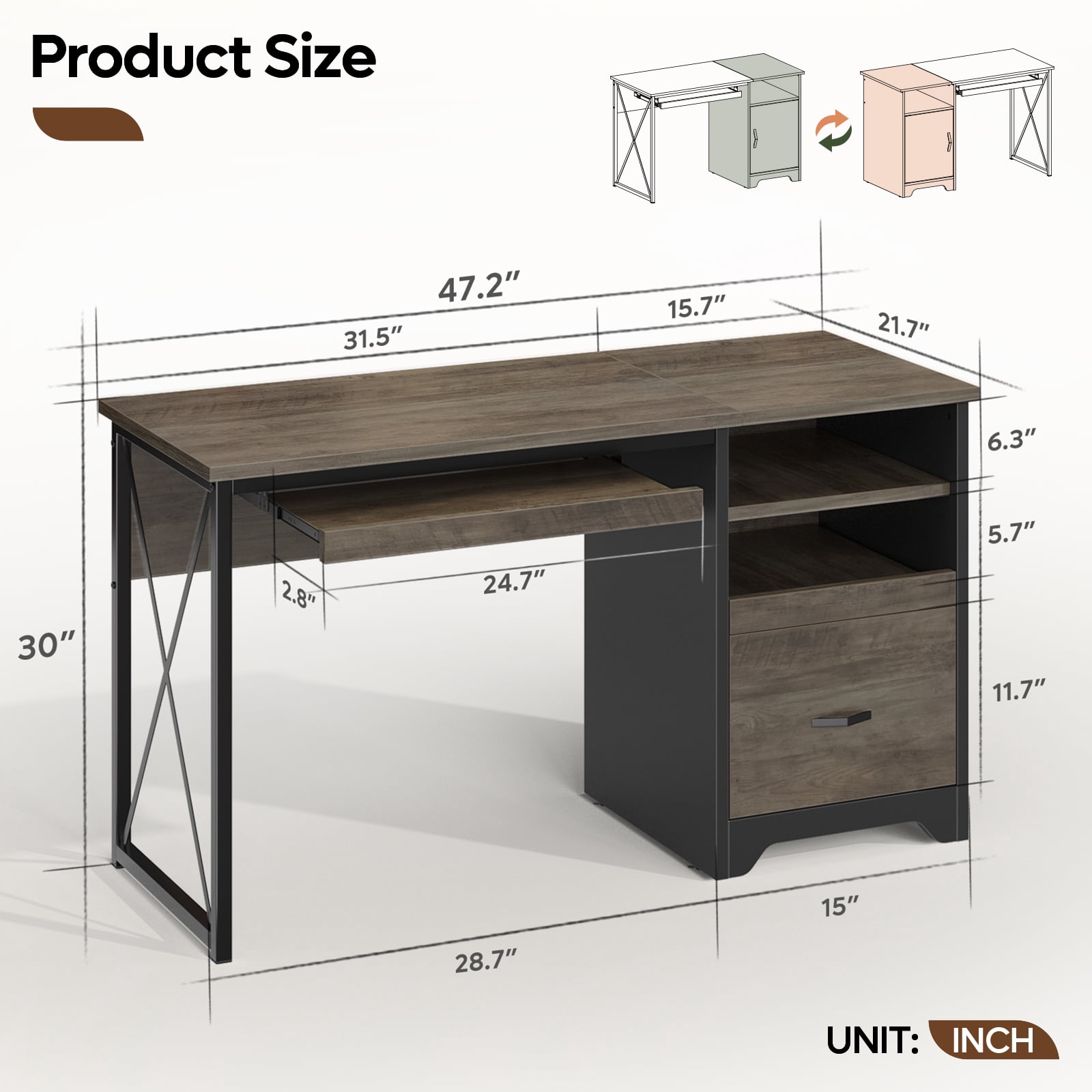 Bestier 47 inch Computer Desk with Storage File Drawer & Keyboard Tray, Home Office Writing Desk Work Study Table for Small Space, Wash Gray