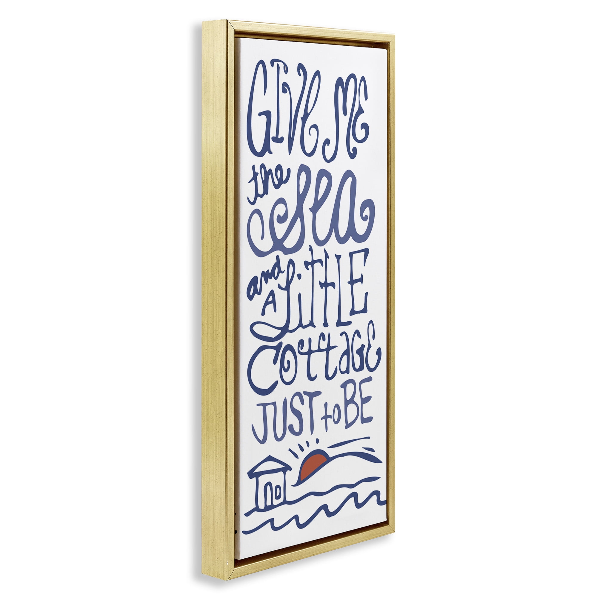 Stupell Industries Sea & Cottage Beach Life Calligraphy Nature Painting Gold Floater Framed Canvas Art Print Wall Art, 15 x 31