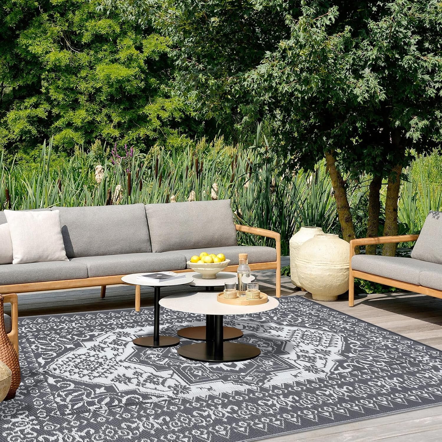 Riedhoff Outdoor Rug 12' X 9', Reversible, Foldable, Gray & White Patterned