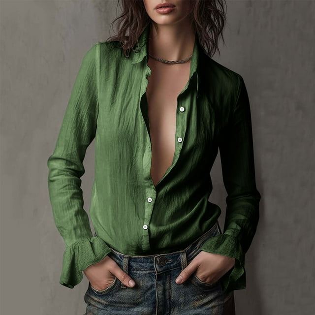 TaTaai Women's Loose Solid Color Lapel Long Sleeve Vintage Shirts Button Ruffle Cuff Linen Style Casual Lightweight Soft Daily Tops Gift